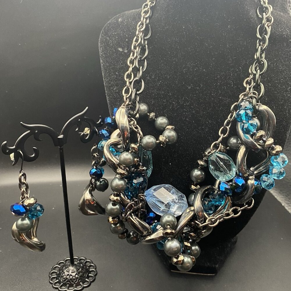 Blue Gunmetal Choker Earring Set Statement Torsade Beads Curb Chain Drop Pierced - Picture 3 of 7